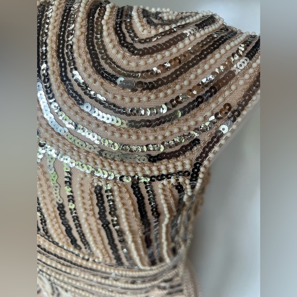 Dazzling Beige And Silver Fringed Beaded Flapper Dress 100% Polyester Size M - Picture 7 of 13